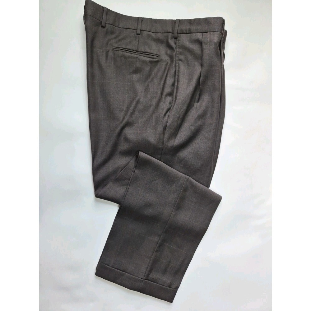 Bespoke Mens Pleated Wool Dress Pants 42x30 Brown Windowpane Check Cuffed